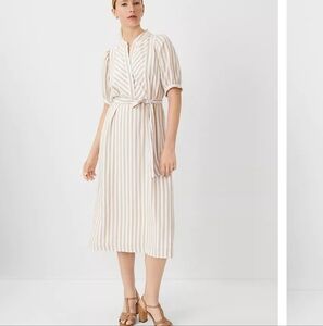 womens Striped Puff Sleeve Midi Shift Dress